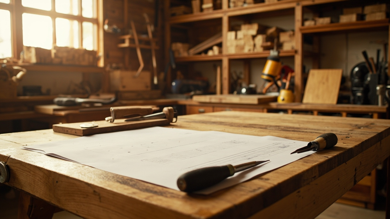 Warm woodworking workshop with detailed plans on a bench